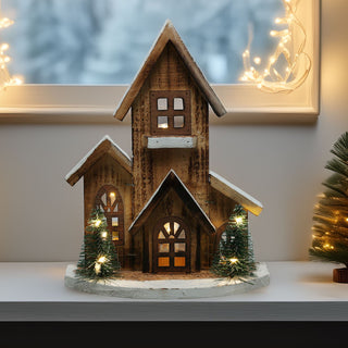 LED Wooden Christmas House with Trees | Light-Up Nordic House Ornament