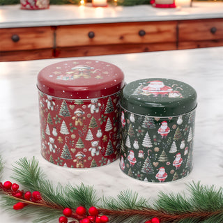 Set of 2 Round Christmas Tins | 2-piece Festive Red & Green Nesting Tins