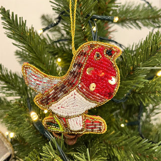 Christmas Tree Beaded Robin Bauble | Christmas Tree Hanging Ornament - 10cm