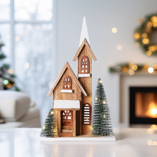 LED Wooden Christmas Church with Trees | Light-Up Nordic Chapel Ornament