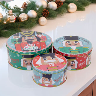 Set of 3 Christmas Storage Tins | 3-piece Nutcracker Round Kitchen Nesting Tins