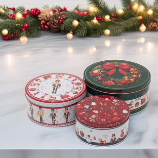 Set of 3 Traditional Christmas Storage Tins | 3-piece Round Kitchen Nesting Tins