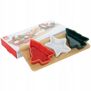 Christmas Serving Set | 3 Ceramic Snack Bowls with Bamboo Paddle Tray