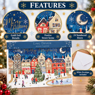 Christmas Street Advent Calendar, 33.5cm Festive Town & Ice Skating Design