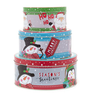 Set Of 3 Jolly Holly Christmas Storage Tins | Triple Festive Round Nesting Tins | Fairy Cake Biscuit Cookie Muffin Treat Storage Tin Trio