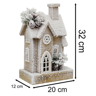 Natural Flocked LED Wooden Christmas House | Rustic Festive Snowy House - 32cm