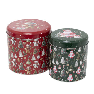 Set of 2 Round Christmas Tins | 2-piece Festive Red & Green Nesting Tins