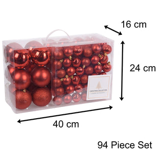 94 Piece Red Christmas Tree Bauble Box | Xmas Hanging Ball Christmas Tree Ornaments Decorations