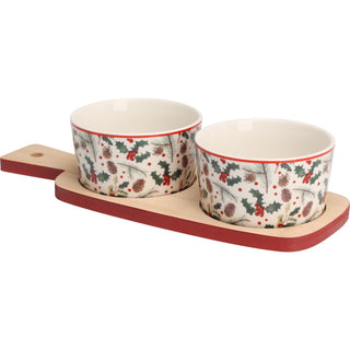 Christmas Mistletoe Serving Set | 2 Ceramic Snack Bowls with Bamboo Paddle Tray