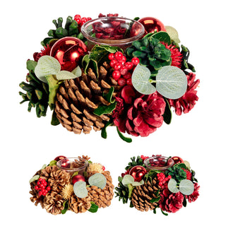 Christmas Tealight Candle Holder Wreath, 20 cm Glass Cup & Pine Cones