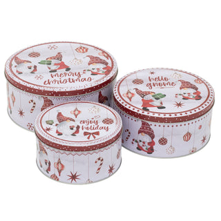 Set of 3 Christmas Gonk Storage Tins | 3-piece Gnome Round Kitchen Nesting Tins