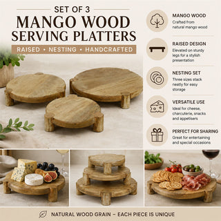 Set of 3 Round Mango Wood Serving Platters, Raised Serving Boards