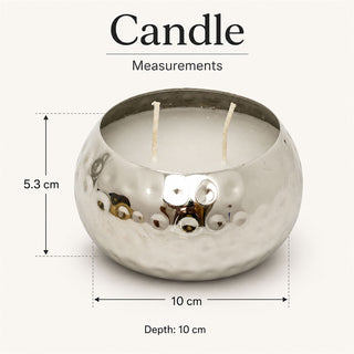 Hammered Two-Wick Candle in Silver Metal Holder, Unscented, 200g Wax Fill, 10 cm