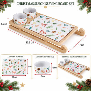 Christmas Sleigh Serving Board Set with Ceramic Platter and 2 Bowls, 33.5 cm