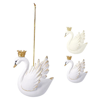 Hanging Swan Christmas Tree Decoration, 7.5cm White or Cream Gold Crown