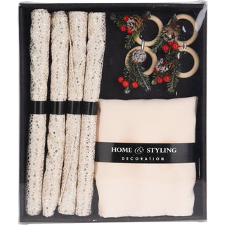 12-Piece Christmas Table Set | 4 Napkins Placemats & Festive Wooden Napkin Rings