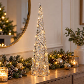 Silver LED Cone Christmas Tree Decoration 60cm, Battery Operated Timer