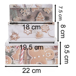 Set of 3 Gingerbread Christmas Storage Tins | Festive Rectangle Nesting Tins