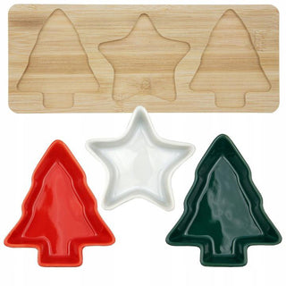 Christmas Serving Set | 3 Ceramic Snack Bowls with Bamboo Paddle Tray