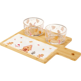 4-Piece Christmas Gingerbread Serving Board Set, 30cm Tray with 2 Glass Bowls