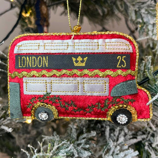 London Bus Christmas Bauble | Luxury Fabric Red Double Decker Ornament - 10.5cm