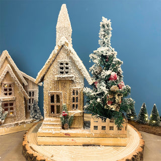 LED Wooden Christmas House with Tree | Snow-Covered Light Up Village House 44cm