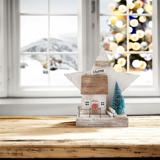 Rustic Happy Home Ornament | Charming Wooden House with Festive Star - 17cm