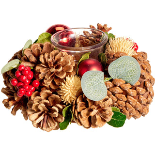 Christmas Tealight Candle Holder Wreath, 20 cm Glass Cup & Pine Cones