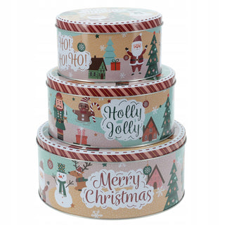 Set of 3 Christmas Storage Tins | 3-piece Triple Festive Round Nesting Tins