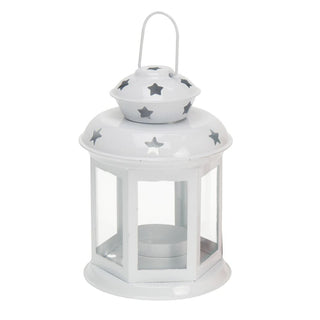 13cm Metal Lantern Tealight Holder | Hanging Outdoor Indoor Tea Light Lantern | Star Tealight Candle Holder - White