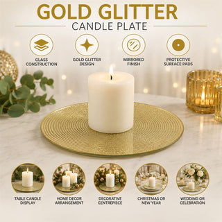 Round Gold Glitter Candle Plate, 15 cm Mirrored Glass Candle Stand