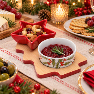 Christmas Tree Serving Set with 2 Ceramic Snack Bowls and Wooden Tray, 3-Piece