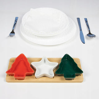 Christmas Serving Set | 3 Ceramic Snack Bowls with Bamboo Paddle Tray