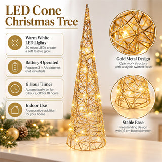 Gold LED Cone Christmas Tree Decoration 60cm, Battery Operated Timer
