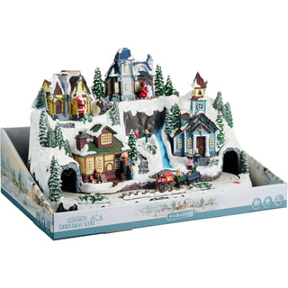 LED Christmas Village with Moving Train and Ice Skaters, Snowy Winter Scene