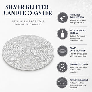 Silver Glitter Candle Coaster, 10cm Glass Candle Plate for Pillar Candles
