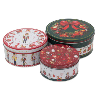 Set of 3 Traditional Christmas Storage Tins | 3-piece Round Kitchen Nesting Tins
