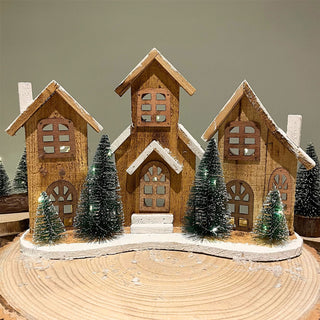 Rustic Wooden LED Christmas Village Scene | Light-Up Christmas Houses - 38x27cm