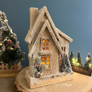 LED Snow-Covered Wooden Christmas House | Light Up Village House Ornament - 33cm