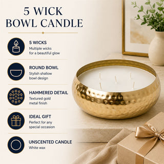 Hammered Gold 5 Wick Candle In Metal Holder, Unscented White Wax, 17.5 cm