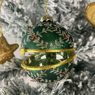 Green & Sparkling Silver Locket Bauble | Christmas Tree Hanging Ornament - 8cm