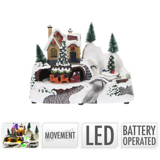 Christmas Scene With Moving Train Xmas Model Village | Light Up LED Animated Christmas Village Ornament | Design Varies One Supplied