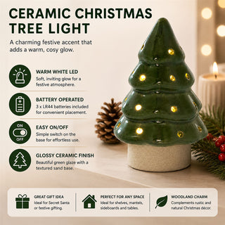 Christmas Tree LED Light, 13cm Battery Operated Green Ceramic Decoration