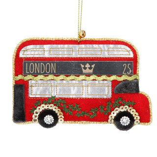 London Bus Christmas Bauble | Luxury Fabric Red Double Decker Ornament - 10.5cm