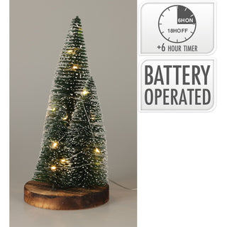 LED Bottle Brush Christmas Trees on Wooden Base | Snowy Green Light-Up Trees