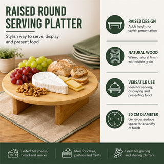 Wooden Raised Round Serving Platter 30cm, Footed Serving Board for Cake & Pastry