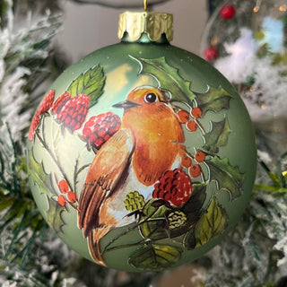 Robin Redbreast Bauble | Green Glass Christmas Tree Hanging Ornament - 8cm