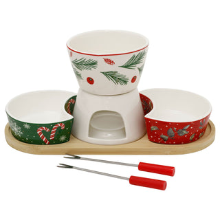 Christmas Chocolate Fondue Set, 6-Piece Ceramic Kit with Bowls & Forks