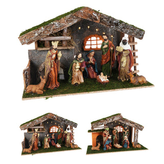 LED Traditional Christmas Nativity Set & 8 Detailed Figures Stable Crib Scene