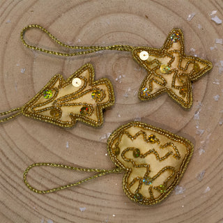 Set of 3 Christmas Tree Hanging Decorations | Gold Baubles Star Tree Heart